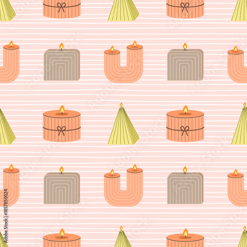 Seamless candle pattern featuring geometric shapes, modern decorative forms, and warm flames arranged on a neutral striped background. Ideal for textiles, stationery, and wrapping