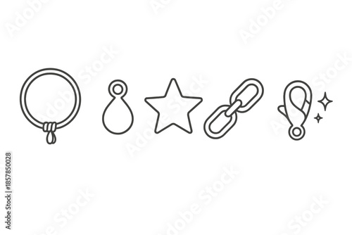 Starwish Wrist Icons. Line style icons of Starwish Wrist Loop: wrist loop, small charm drop, star shape, link flow, clasp bend,