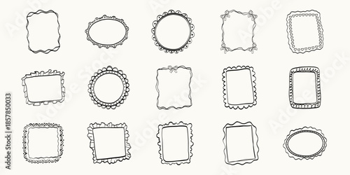 Set of whimsical rectangle, oval and round hand-drawn frames in trendy, vintage styles. Cute frames suitable for labels, logos, invitations, packaging, stickers