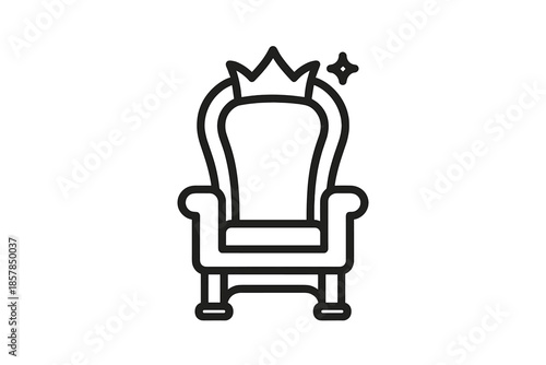 Sovereign Throne Icon. Line style icons of Sovereign Throne Symbol: regal outline, seated throne, crown point, back curve, crest