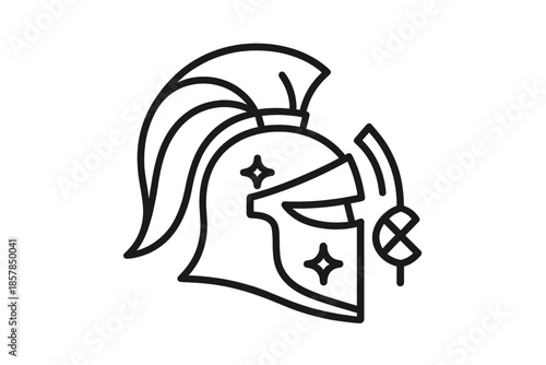 Warrior Helm Icon. Line style icons of Warrior Helm Plume: warrior helmet, lifted plume, conflict symbol, visor bend, border line,