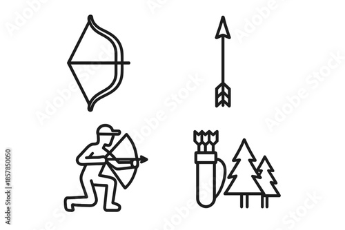 Bow Arrow Hunter Icons. Line style icons of Bow Arrow Hunter: bow silhouette, sharp arrow, hunter stance, quiver arc, string line,