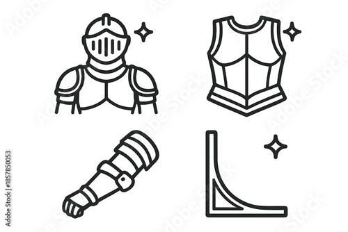Knight Steel Icons. Line style icons of Knightplate Steel: knight form, steel chestplate, arm guard, edge line, rim trace, soft
