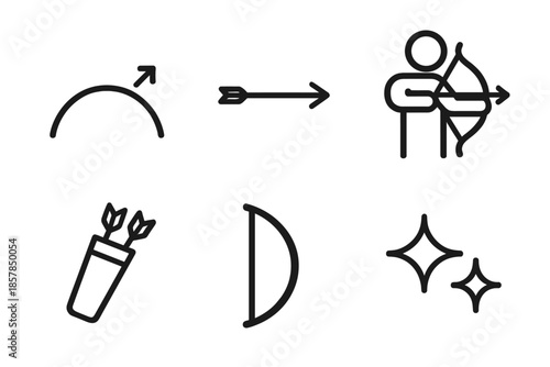 Huntershot Icons. Line style icons of Huntershot Curve: weapon arc, arrow flight, hunter figure, quiver slant, bow limb, soft