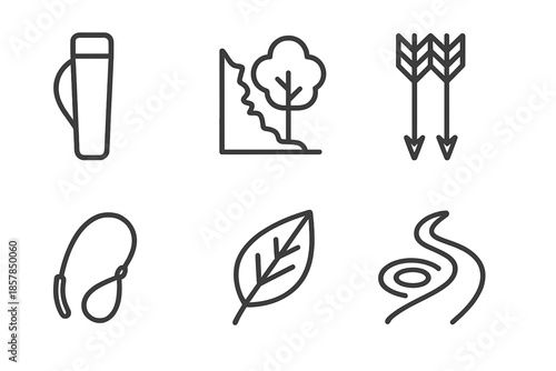 Arrowhold Icons. Line style icons of Arrowhold Woodland: quiver shape, woodland edge, feathered arrows, sling line, leaf trace,