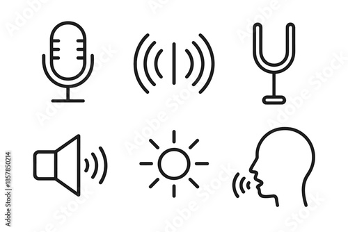 Audio Enhancement Icons. Audio voice enhancement: Line style icons of recording mic, amplified waves, tone crest, sound column,