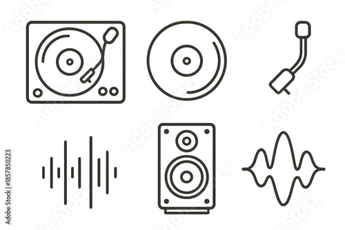 Retro Audio Icons. Retro audio revival: Line style icons of old turntable, vinyl disc, tonearm tip, rhythm lines, classic speaker,