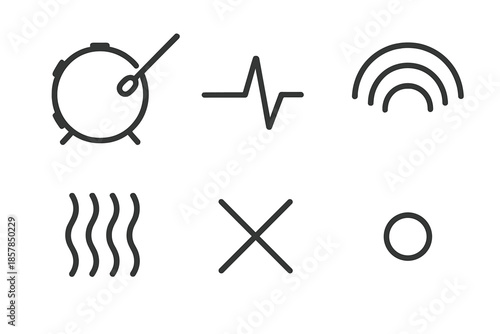 Percussion Iconography. Beat-driven percussion: Line style icons of bass drum, kick pulse, rhythm arcs, vibration lines, strike