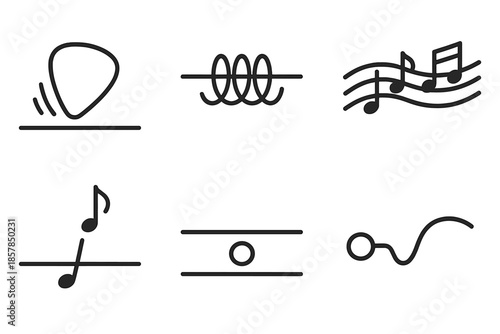 Plucked String Elements. Plucked string expression: Line style icons of pick hit, vibrating coil, melody trace, note lift, fret