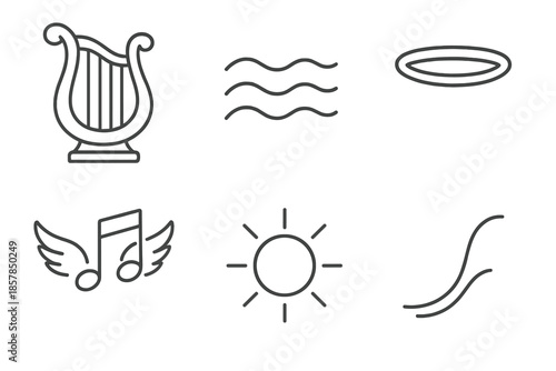 Heavenly Line Art. Heaven-inspired melody: Line style icons of harp frame, serene waves, halo symbol, note lift, resonance field,