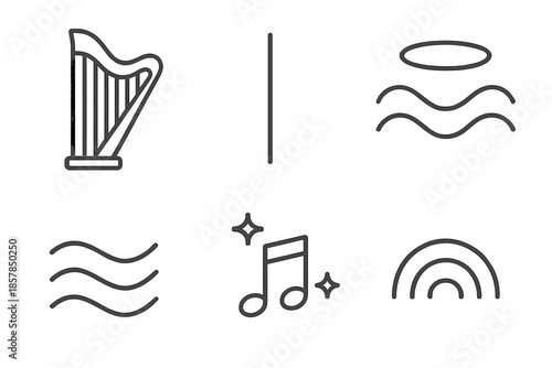 Angelic Harp Icons. arp string angelic: Line style icons of harp frame, long strings, angelic halo, soft waves, melody spark,
