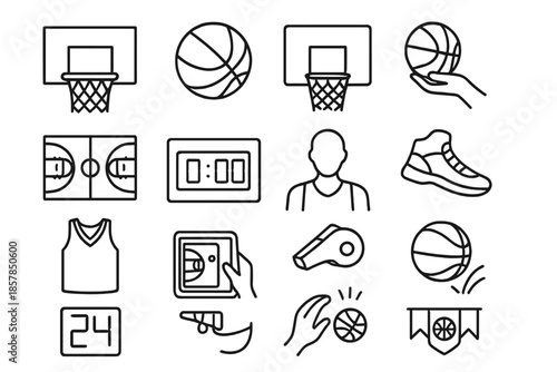 Basketball Game Icons. Line style icons of Basketball Game Set: basketball hoop, ball, backboard, net, hand hold, court line,
