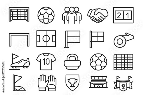 Football Tools Icons. Line style icons of Football Team Tools: goal net, soccer ball, team player, hand hold, goalpost, field line