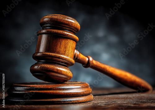 A crafted wooden gavel lies on a polished table, exuding a sense of authority. The dim lighting adds depth, evoking the serious atmosphere of a courtroom.