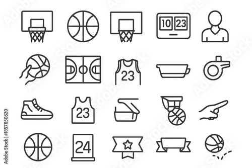 Basketball Icon Set. Line style icons of Basketball Court Set: basketball hoop, ball, backboard, net, hand hold, court line,