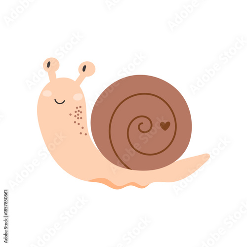 Vector illustration of a cute snail with a brown spiral shell and a small heart detail. Simple and cheerful design perfect for children books, spring decor, stickers, cards, and educational materials