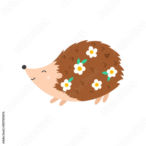 Cute vector hedgehog with white flowers and green leaves on its back. Adorable spring illustration for kids, stickers, cards, and educational projects