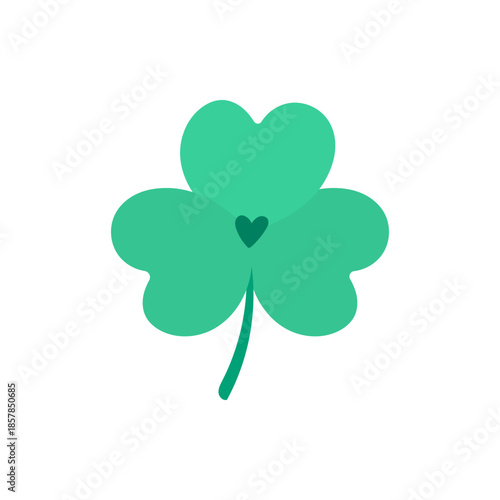 Green clover leaf with heart-shaped petals, vector illustration. Minimal and cute design perfect for St. Patrick Day, luck symbols, eco projects, and spring decor