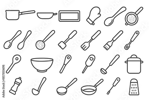 Cooking Utensil Icons. Line style icons of cooking utensils: Saucepan, Skillet, Baking Tray, Sieve, Wooden Spoon, Tea Strainer,