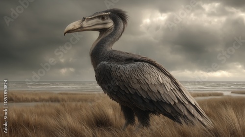 Giant Prehistoric Argentavis Bird Standing In Grassy Coastal Landscape