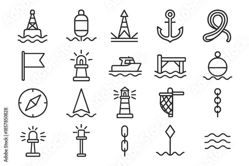 Harbor Equipment Icons. Line style icons of harbor equipment: Buoy, Float, Channel, Anchor, Rope, Flag, Light, Boat, Dock, Waves,