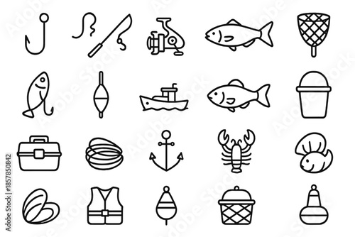 Maritime Fishing Icons. Line style icons of maritime fishing: Hook, Line, Rod, Reel, Catch, Net, Bait, Float, Boat, Fish, Bucket,
