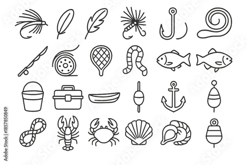 Fishing Gear Icons. Line style icons of fishing flies: Fly, Feather, Artificial, Hook, Line, Rod, Reel, Net, Bait, Fish, Bucket,