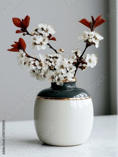 Minimalist Ceramic Vase With White Spring Blossoms On Marble Table