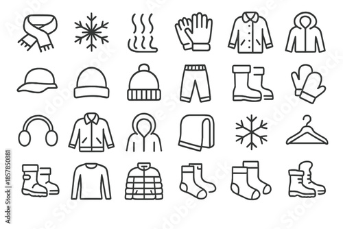 Winter Essentials Icons. Line style icons of winter essentials: Scarf, Winter, Warmth, Gloves, Coat, Hat, Beanie, Sweater, Boots,