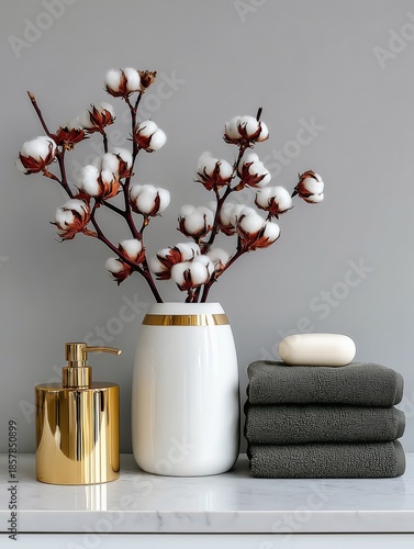 Minimalist Bathroom Accessories On Marble Counter With Cotton And Towels