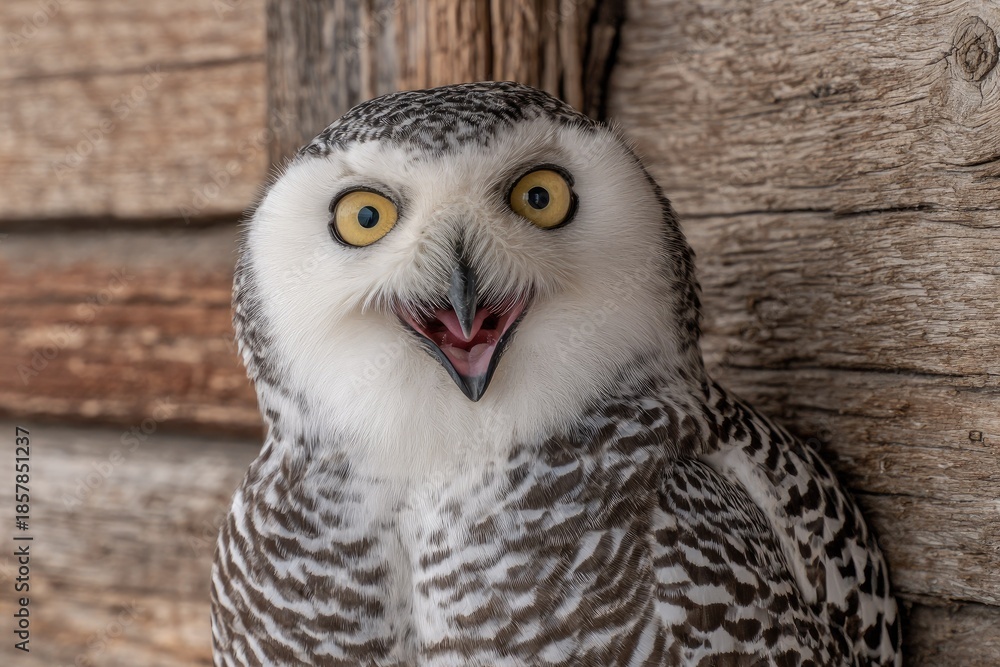 Fototapeta premium Close up of a snowy owl with bright yellow eyes and open beak