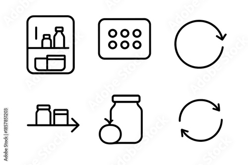 Digital Pantry Icons. Line vector icons of digital pantry management: fridge frame, pantry dots, management arc, order flow stripe