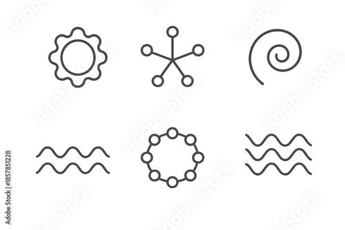 Fractal Geometry Icons. Line vector icons of fractal-inspired generator: fractal loop, recursive node, spiral arc, repeating band,