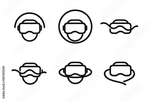 Immersive Headset Icons. Line vector icons of immersive work-from-anywhere headset: bold headset outline, environment merge arc,