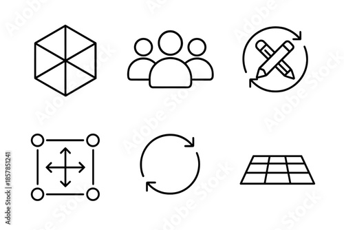 3D Design Icons. Line vector icons of joint 3D design: wireframe cube, team icons, co-edit loop, transform handles, sync band,