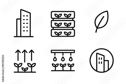 Urban Vertical Farming Icons. Line vector icons of an urban vertical farm: tall building outline, stacked plant trays, leaf symbol