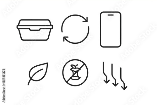 Food Waste Reduction Icons. Line vector icons of a food-waste reduction app: leftover box outline, circular reuse arc, app screen