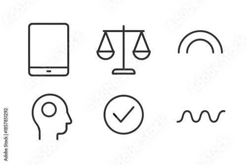 Responsible Media Icons. Line vector icons of responsible media use: screen outline, balanced scales line, clarity arc, mindful