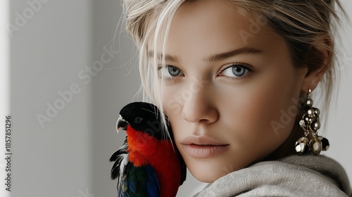 Beautiful Blonde Woman Posing With Colorful Exotic Parrot