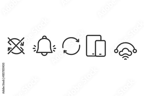 Line Vector Sync Icons. Line vector icons of anti-desync reminder flow: crossed desync hint, stable bell icon, sync ring, device