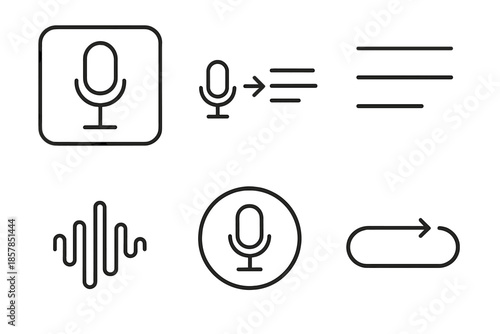 Voice Dictation Icons. Line vector icons of voice dictation: microphone frame, speech-to-text arrow, text stripes, sound-wave arc,