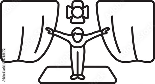 Person with arms outstretched on stage under spotlight, line art