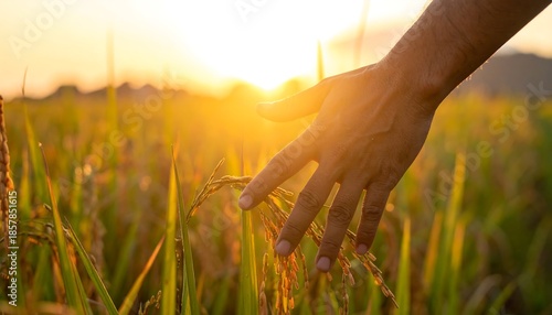 Farmer's Hand Gently Touching Ripe Rice Grains in Golden Sunset Field
