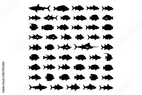 set of fish silhouettes,
Minimal Fish Silhouette – Logo, Icon, Mascot, or Graphic Design Element