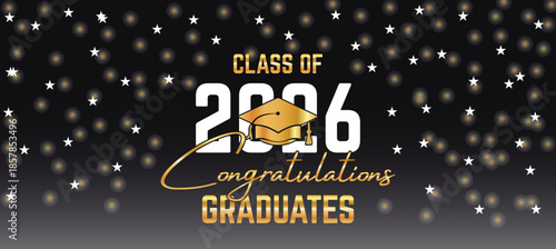Class of 2026 Graduation Congratulations Banner with Gold Typography and Starry Dark Background