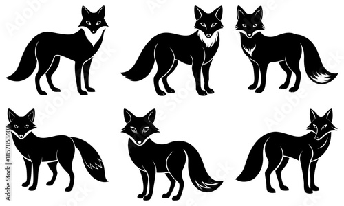 Six Black Fox Silhouettes on White Background foxes