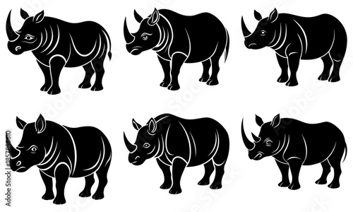 Six black and white rhino silhouettes in different poses on white background rhinoceros