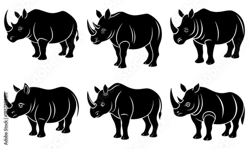 Six Black Rhino Silhouettes on White Background rhinoceros 1