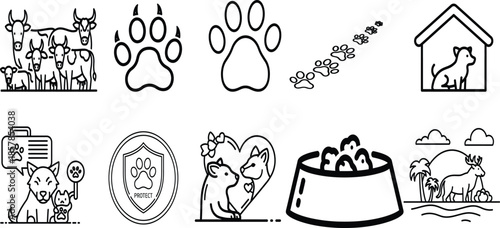 Collection of various animal related line art icons