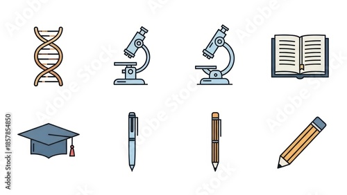 Educational and scientific icons dna microscope book and stationery
